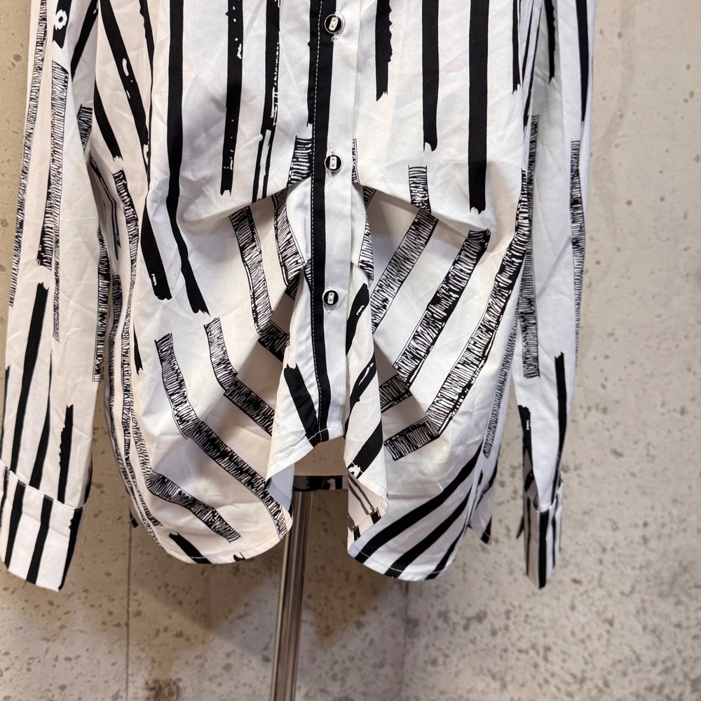 Patrizia Luca Milano Button Down Shirt Womens L White Black Stripe Draped Chic - Picture 3 of 9
